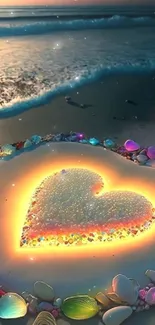 Colorful beach heart surrounded by glowing pebbles.