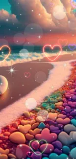 Colorful heart-shaped pebbles on a beach during sunset with dreamy elements.