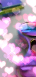 Colorful heart bokeh with metallic accents on a mobile phone wallpaper.