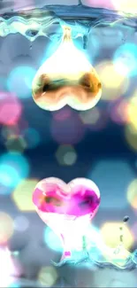 Colorful heart shapes with bokeh effect on mobile wallpaper.