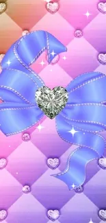 Blue bow with diamond heart on colorful background.