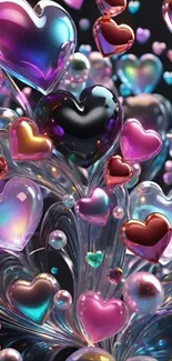 Colorful heart-shaped bubbles on a dark background.