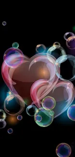 Colorful heart-shaped bubbles on black background mobile wallpaper.