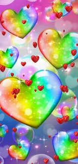 Vibrant rainbow heart bubbles wallpaper with sparkling colors.