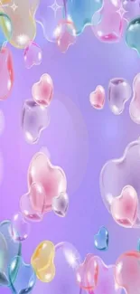 Colorful heart-shaped bubbles on a purple background