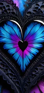 Colorful heart-shaped butterfly with intricate details in blue and purple.