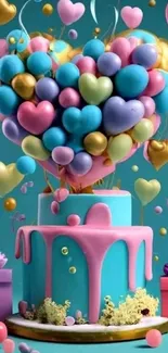 Heart-shaped balloons above a colorful cake.