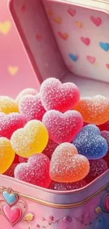 A decorative tin filled with colorful, sugar-coated heart-shaped candies.