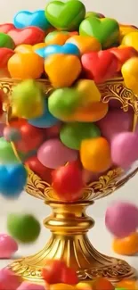 Ornate cup overflowing with colorful heart candies.