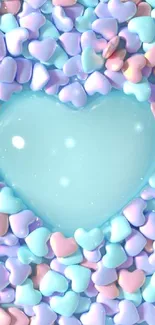 Colorful heart-shaped candy wallpaper in pastel hues.