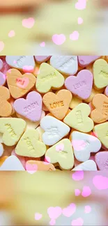 Pastel heart-shaped candy wallpaper with love messages.