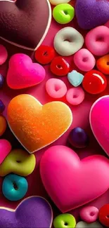 Colorful heart-shaped candies on a pink background.