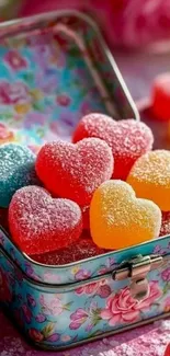 Colorful heart-shaped candy in a floral tin box.