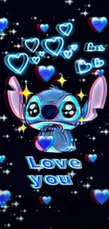 Cute cartoon with hearts and 'Love you' text on mobile wallpaper.