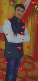 Stylish man with floating red hearts on a festive wallpaper.