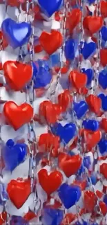 Red and blue heart chain pattern wallpaper.