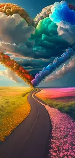 Heart-shaped cloud over a colorful flower path with blue sky.