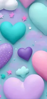 Heart-shaped clouds in pastel colors on a whimsical sky background.