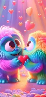 Colorful furry creatures holding a heart.