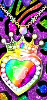 Colorful heart and crown with rainbow gems on purple glitter background.