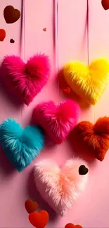 Colorful fluffy hearts on pink background