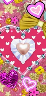 Colorful hearts with flowers and jewels on a vibrant pink background.