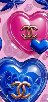 Mobile wallpaper featuring colorful 3D hearts with a pink background.