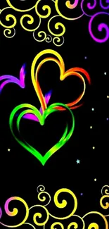 Colorful heart design with swirling patterns on a black background.