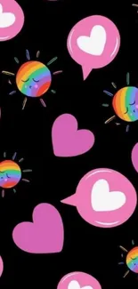 Colorful wallpaper with pink hearts and rainbow suns on black.