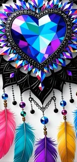 Colorful heart dreamcatcher with vibrant feathers.