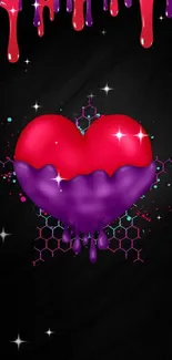 Colorful dripping heart on black wallpaper.