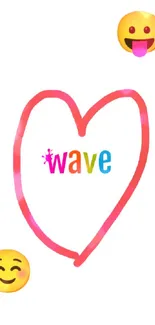 Colorful heart and emoji mobile wallpaper with the word 'wave' in center.