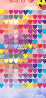 Vibrant wallpaper of colorful hearts with emoji on cloud background.