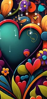 Vibrant heart and floral art wallpaper for mobile devices.