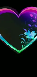 Colorful heart with floral design wallpaper on dark background.