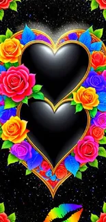 Vibrant floral heart design on a dark background.