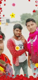 Three friends with a colorful heart and flower frame.