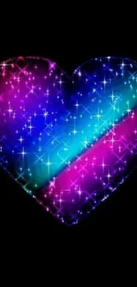 Vibrant heart shaped galaxy wallpaper with stars and neon colors.