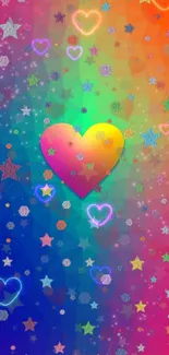 Colorful heart and star galaxy wallpaper with vibrant hues.