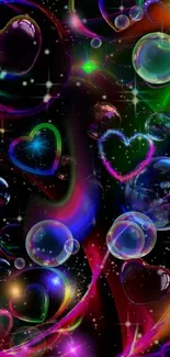 Colorful galaxy hearts in cosmic space design.