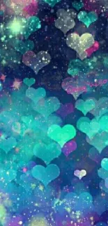 Colorful hearts and stars in galaxy design wallpaper.