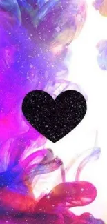 A vibrant wallpaper with a black glitter heart and colorful purple galaxy background.