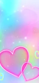 Pastel galaxy wallpaper with glowing hearts.