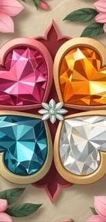 Colorful heart gems with pink flowers in a geometric design.