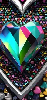 Vibrant heart-shaped gemstone on colorful pebble background.