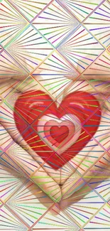 Geometric heart design with colorful lines.