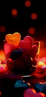 Vibrant mobile wallpaper of colorful heart-shaped candies in a glass.