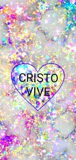 Colorful heart glitter phone wallpaper with 'Cristo Vive'.