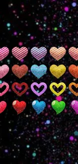 Colorful glitter heart wallpaper with a black background.