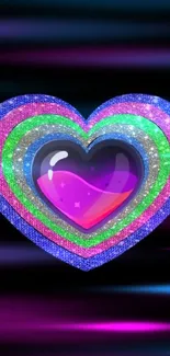 Colorful glitter heart on black background.